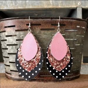 Pink, Silver Glitter, Black Polka Dot Earrings
